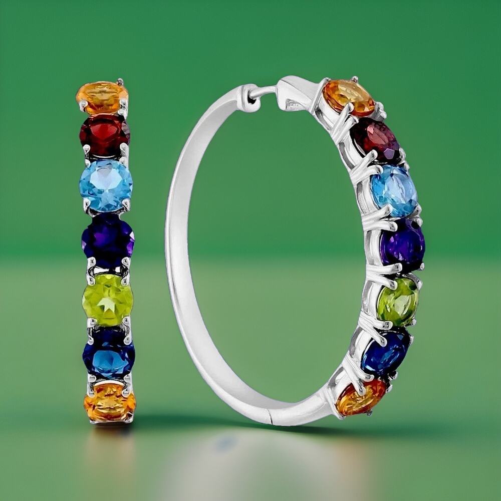 NEW! Effy Sterling Silver & Multistone Hoop Earrings / 1.3” L / MSRP $950